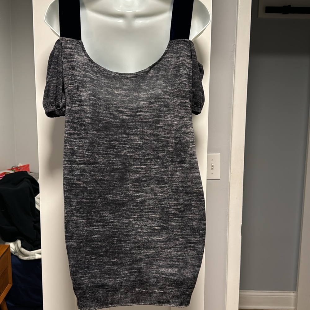 Prada melange wool-blend scoop neck tunic top with velour shoulder strap sz 44